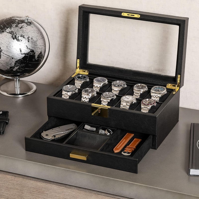 ROTHWELL 10-Slot Watch Box in Leather with Valet Drawer, Luxury Watch Case Display Organizer with Ultra Soft Microsuede Liner, Jewelry and Sunglass Holder With Large Glass top (Black/Black) - Image 3